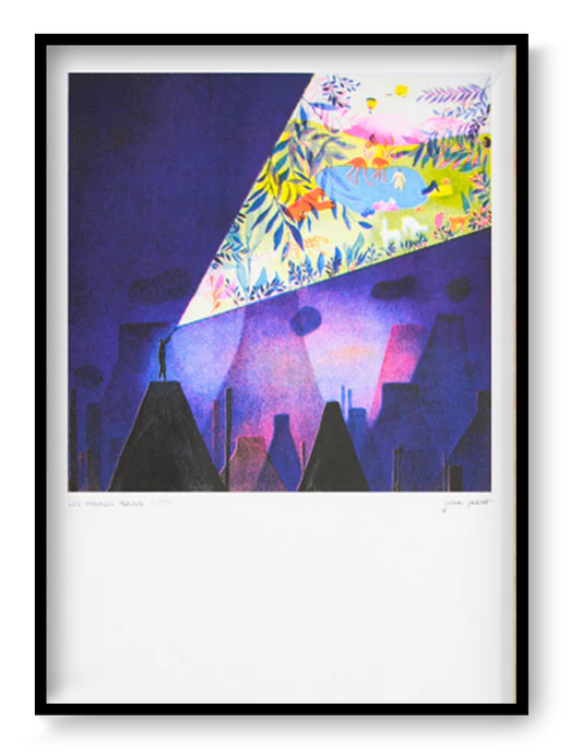 A3 limited edition risograph art print “Les Paradis Perdus” by Julie Pernet featuring a dark cityscape contrasted with a vibrant abstract paradise, modern contemporary wall art for design interiors.