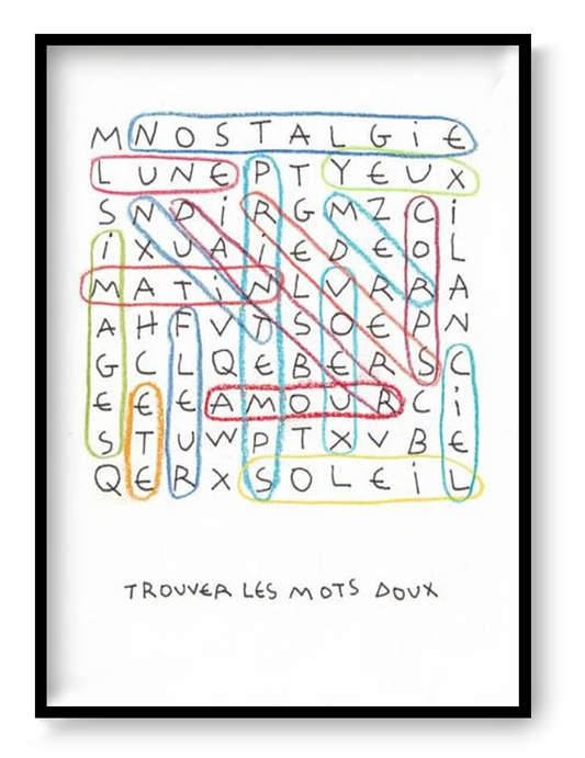 A3 3-color risograph art print titled “Les mots doux” by Paul Lecat featuring a poetic word search grid with handwritten typography, circled French words like amour, soleil, nostalgie and lune, minimalist contemporary wall art print.