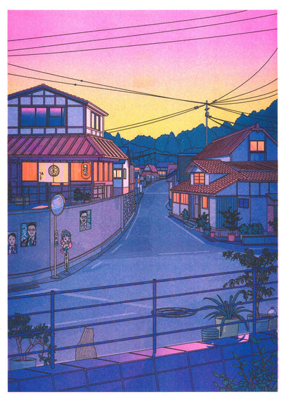 “Nowhere in Japan” risograph print by Liam Cobb – A3 art print showing a calm Japanese suburban street at sunset with pink, purple, and yellow hues, power lines above, and a cat in the foreground. Retro-inspired color palette, cinematic light, and detailed linework create a nostalgic and poetic atmosphere. Perfect for lovers of Japanese urban scenery and modern illustration.