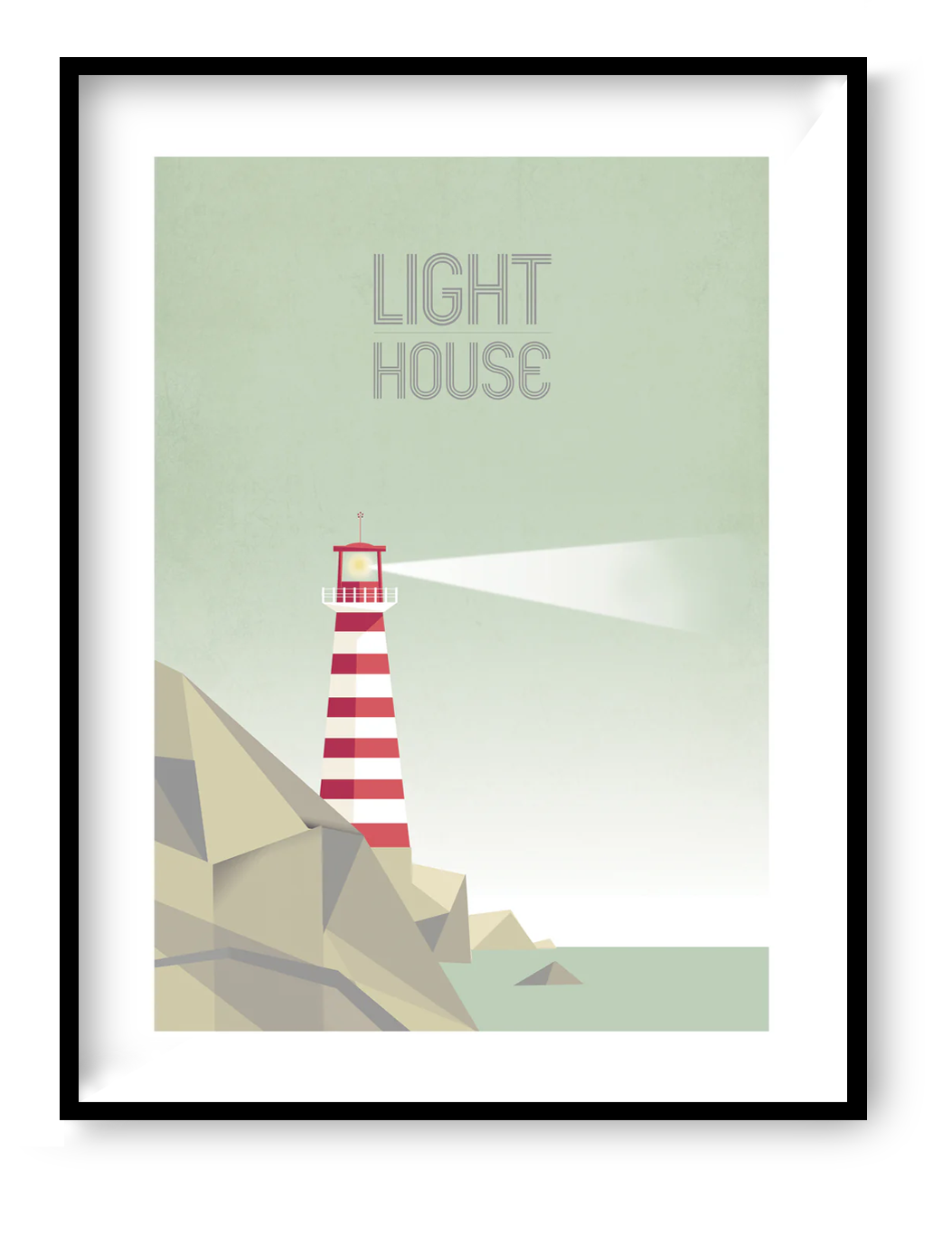 Minimalist lighthouse art print titled “Lighthouse Day” by Studio Frits featuring a red and white striped lighthouse on geometric coastal rocks with soft pastel sky, modern Scandinavian wall art, 30 x 40 cm digital illustration print for contemporary home decor.