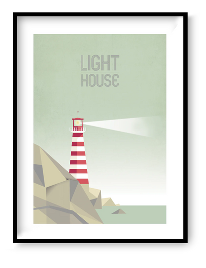 Minimalist lighthouse art print titled “Lighthouse Day” by Studio Frits featuring a red and white striped lighthouse on geometric coastal rocks with soft pastel sky, modern Scandinavian wall art, 30 x 40 cm digital illustration print for contemporary home decor.