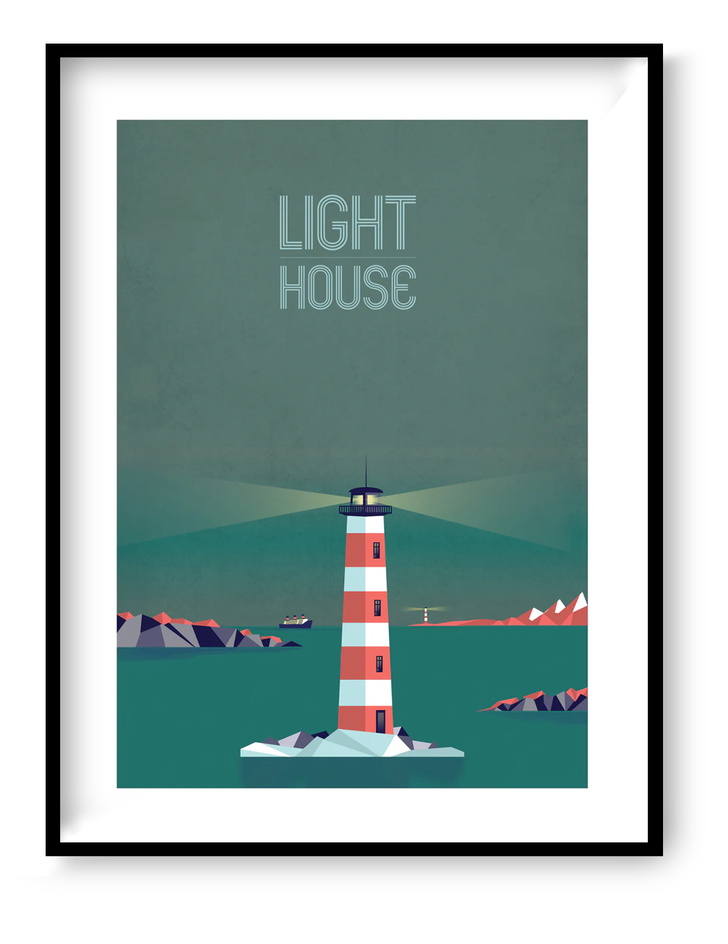Lighthouse Night by Studio Frits, 30x40 cm digital art print featuring a geometric red and white lighthouse at night with teal sea, rocky coastline and minimalist modern design illustration for contemporary wall art decor.
