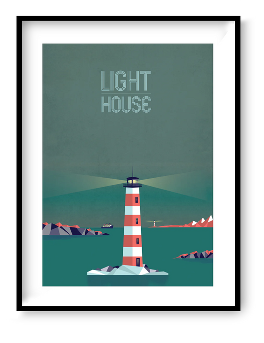 Lighthouse Night by Studio Frits, 30x40 cm digital art print featuring a geometric red and white lighthouse at night with teal sea, rocky coastline and minimalist modern design illustration for contemporary wall art decor.