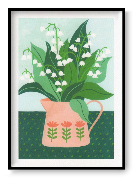 Lily of the Valley art print by Leens, A4 botanical floral illustration featuring white bell flowers in a peach vase, modern green background, Scandinavian style wall art decor.