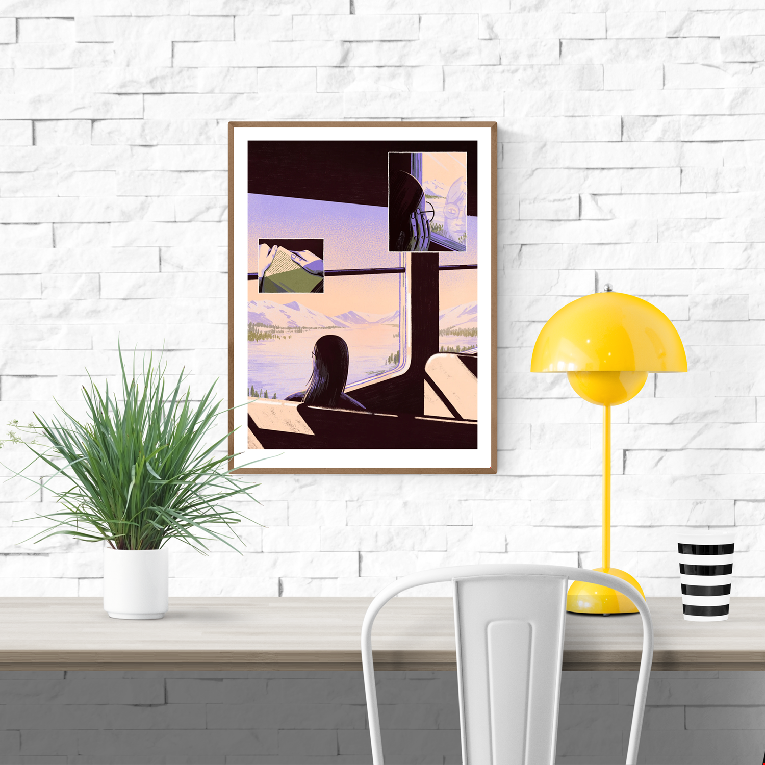 Giclée art print by Belgian illustrator Linde Raats showing a woman on a train gazing out at snowy Arctic mountains, with warm pastel hues and atmospheric light – 30x40 cm fine art print perfect for winter lovers and dreamy interiors