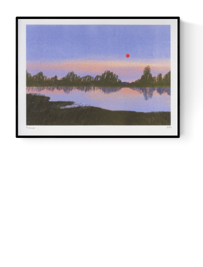 France art print by Linde Raats – peaceful minimalist landscape featuring a sunset over a quiet lake with tree silhouettes and a red sun, fine art giclée print perfect for nature lovers and travel-inspired wall decor