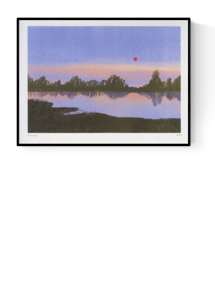 France art print by Linde Raats – peaceful minimalist landscape featuring a sunset over a quiet lake with tree silhouettes and a red sun, fine art giclée print perfect for nature lovers and travel-inspired wall decor