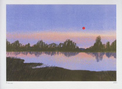 France art print by Linde Raats – peaceful minimalist landscape featuring a sunset over a quiet lake with tree silhouettes and a red sun, fine art giclée print perfect for nature lovers and travel-inspired wall decor