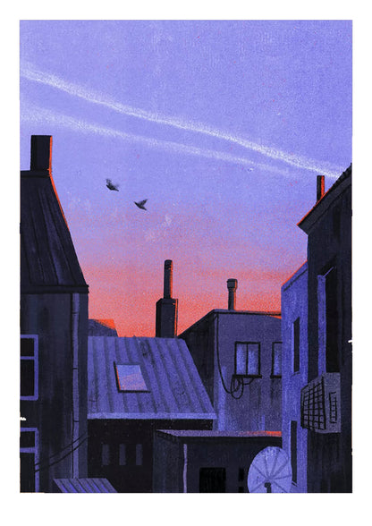 Fine art giclée print titled Ghent by Belgian illustrator Linde Raats, depicting peaceful city rooftops at sunset in shades of purple and orange, minimalist urban landscape wall art inspired by Ghent, Belgium — perfect for home décor and art collectors.