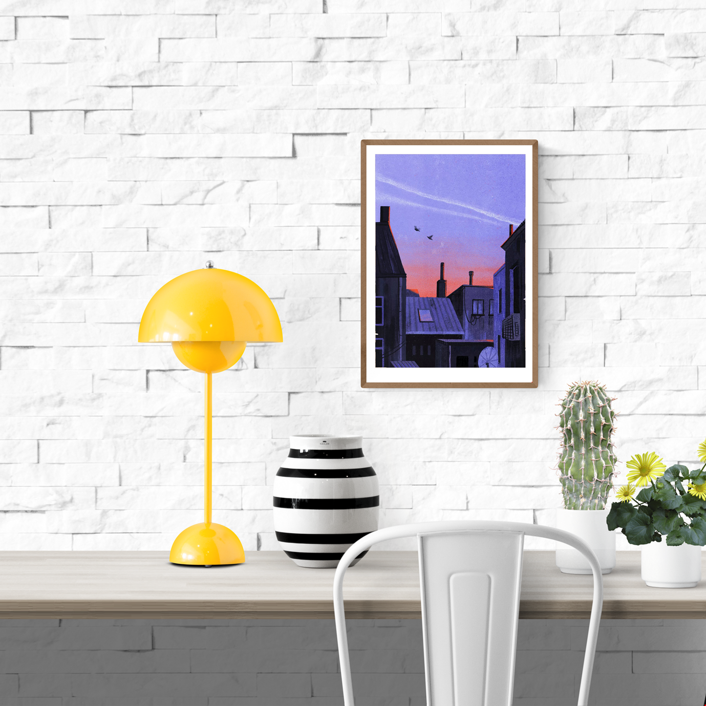 Fine art giclée print titled Ghent by Belgian illustrator Linde Raats, depicting peaceful city rooftops at sunset in shades of purple and orange, minimalist urban landscape wall art inspired by Ghent, Belgium — perfect for home décor and art collectors.