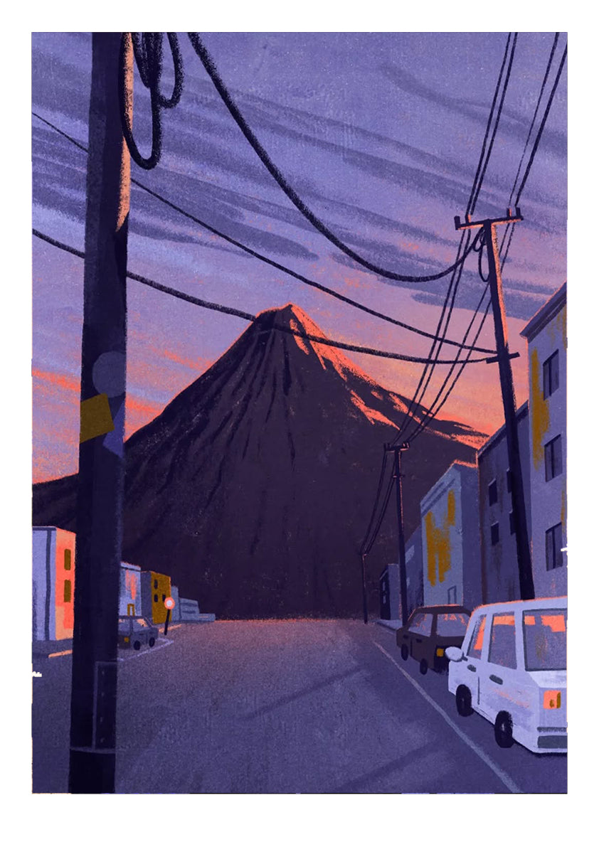 Illustration by Linde Raats showing Mt Pico volcano towering behind a quiet urban street at sunset, with deep purples, soft orange hues, and power lines cutting through the scene – 21x29.7 cm giclée print perfect for dramatic modern interiors