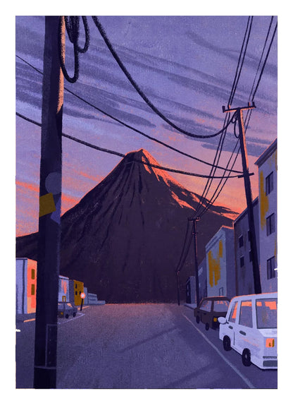 Illustration by Linde Raats showing Mt Pico volcano towering behind a quiet urban street at sunset, with deep purples, soft orange hues, and power lines cutting through the scene – 21x29.7 cm giclée print perfect for dramatic modern interiors