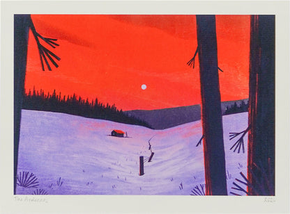 Illustration by Linde Raats of a red cabin in a snowy forest in the Belgian Ardennes, framed by dark tree silhouettes under a glowing red and violet sunset – 21x29.7 cm giclée print, perfect for winter-themed and landscape art lovers