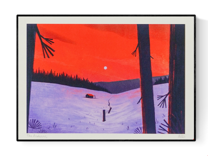 Illustration by Linde Raats of a red cabin in a snowy forest in the Belgian Ardennes, framed by dark tree silhouettes under a glowing red and violet sunset – 21x29.7 cm giclée print, perfect for winter-themed and landscape art lovers