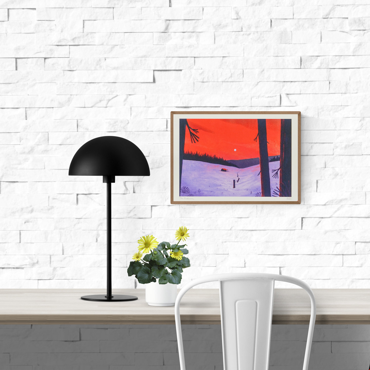 Illustration by Linde Raats of a red cabin in a snowy forest in the Belgian Ardennes, framed by dark tree silhouettes under a glowing red and violet sunset – 21x29.7 cm giclée print, perfect for winter-themed and landscape art lovers