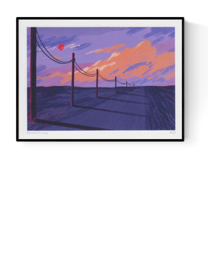 Dreamy landscape art print ‘Desert Roads’ by Linde Raats, featuring a surreal purple and pink sunset over a desert road with telephone poles casting long shadows. Minimalist and atmospheric wall art available at Galerie Frits