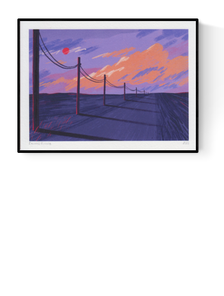 Dreamy landscape art print ‘Desert Roads’ by Linde Raats, featuring a surreal purple and pink sunset over a desert road with telephone poles casting long shadows. Minimalist and atmospheric wall art available at Galerie Frits