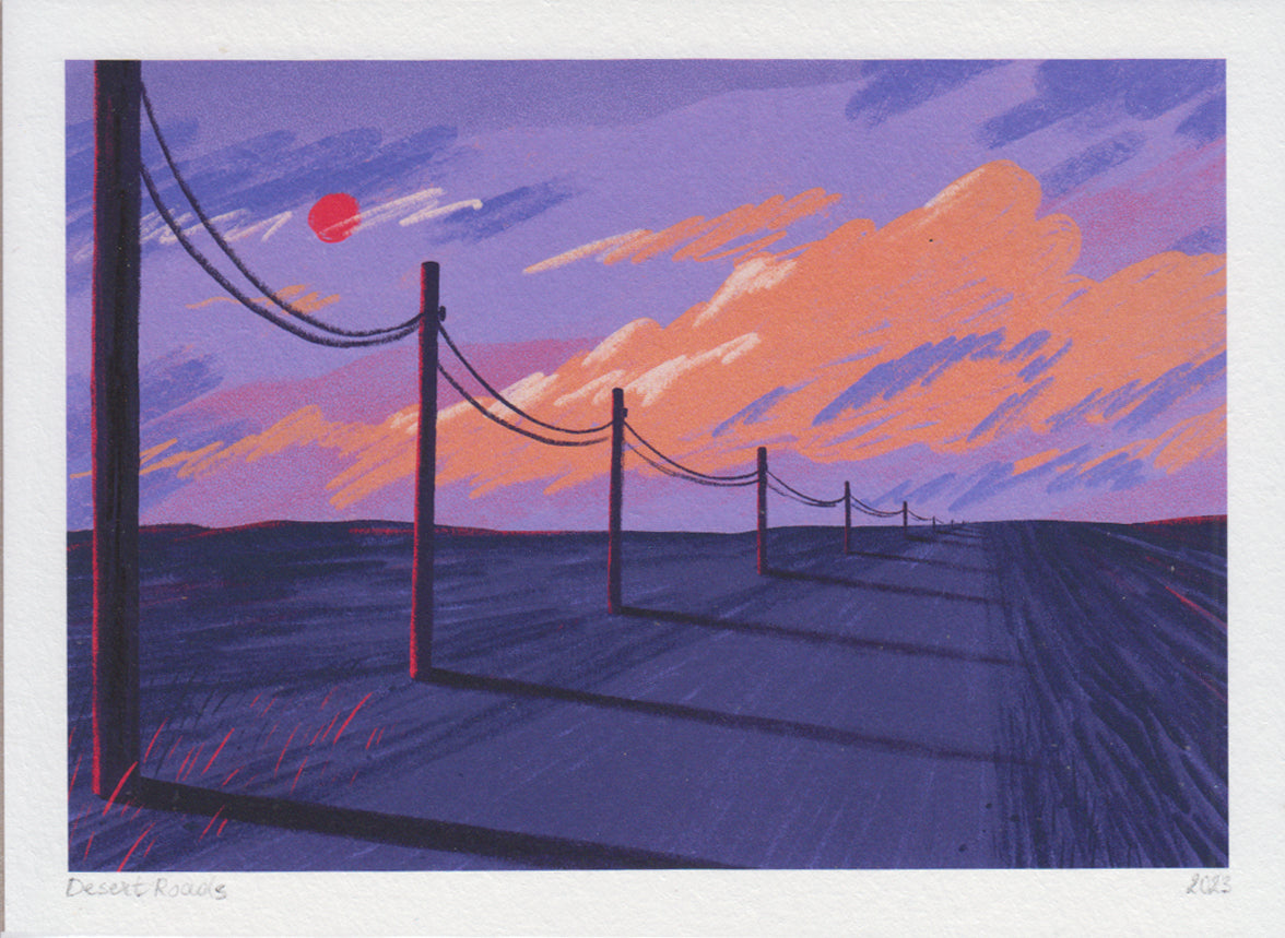 Dreamy landscape art print ‘Desert Roads’ by Linde Raats, featuring a surreal purple and pink sunset over a desert road with telephone poles casting long shadows. Minimalist and atmospheric wall art available at Galerie Frits
