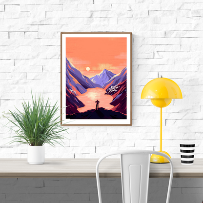 Minimalist mountain landscape art print — hiker with backpack overlooking a glowing orange lake between dramatic purple peaks at sunset, modern travel-inspired wall decor by illustrator Linde Raats