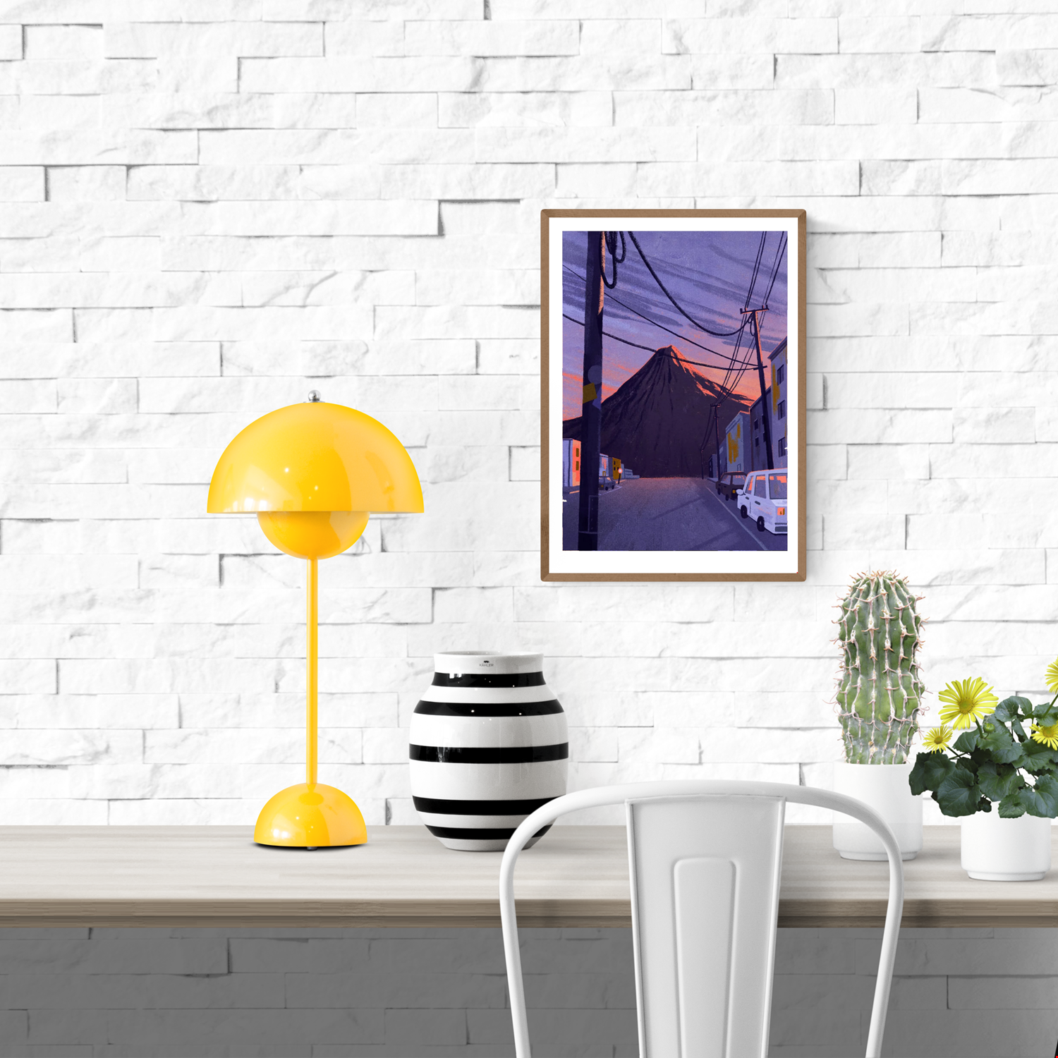 Illustration by Linde Raats showing Mt Pico volcano towering behind a quiet urban street at sunset, with deep purples, soft orange hues, and power lines cutting through the scene – 21x29.7 cm giclée print perfect for dramatic modern interiors