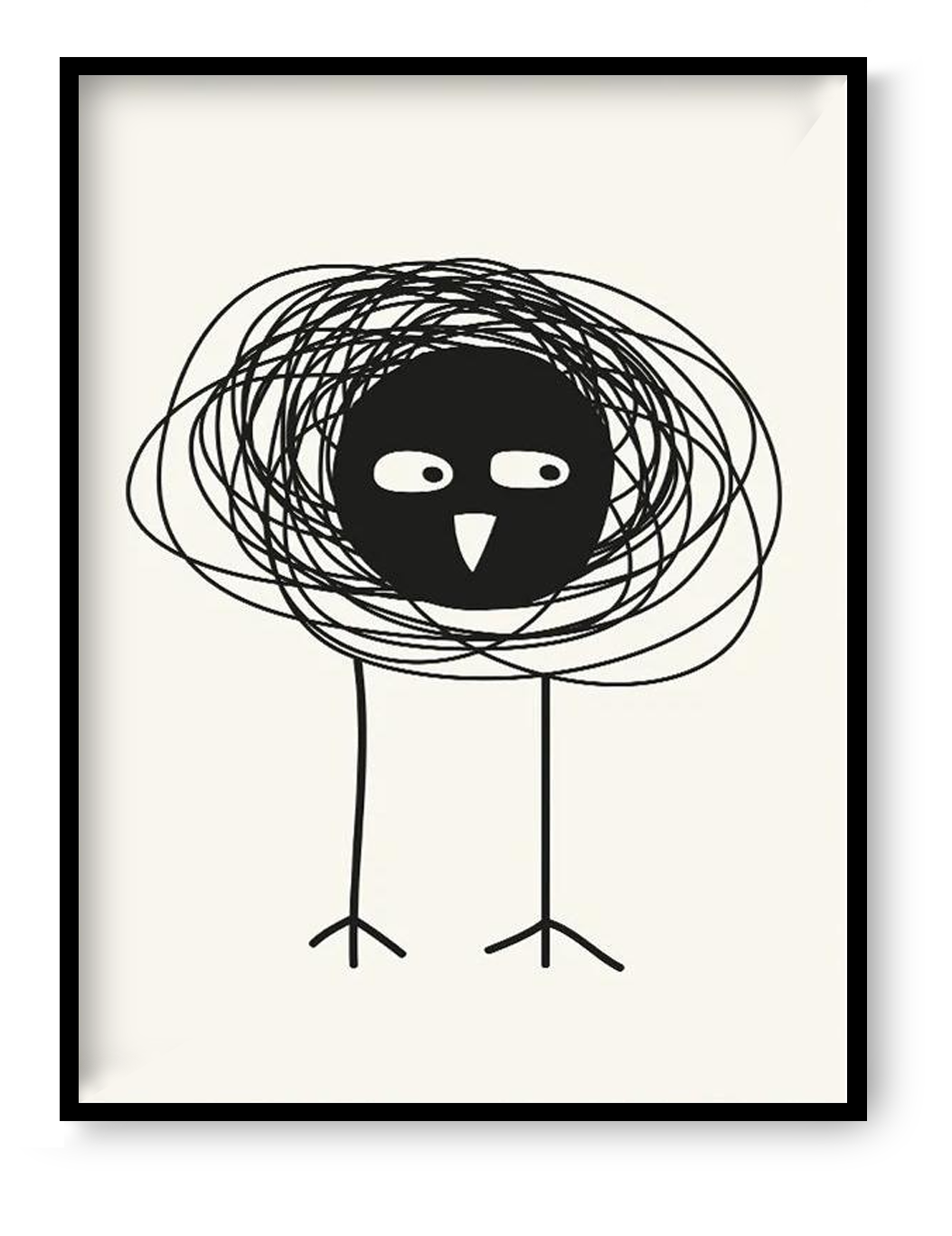 Minimalist black and white bird illustration art print by Silvia Visscher, featuring a bold black bird with scribbled circular lines and thin legs, modern abstract wall art 30 x 40 cm digital print for contemporary home decor.