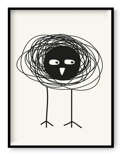 Minimalist black and white bird illustration art print by Silvia Visscher, featuring a bold black bird with scribbled circular lines and thin legs, modern abstract wall art 30 x 40 cm digital print for contemporary home decor.