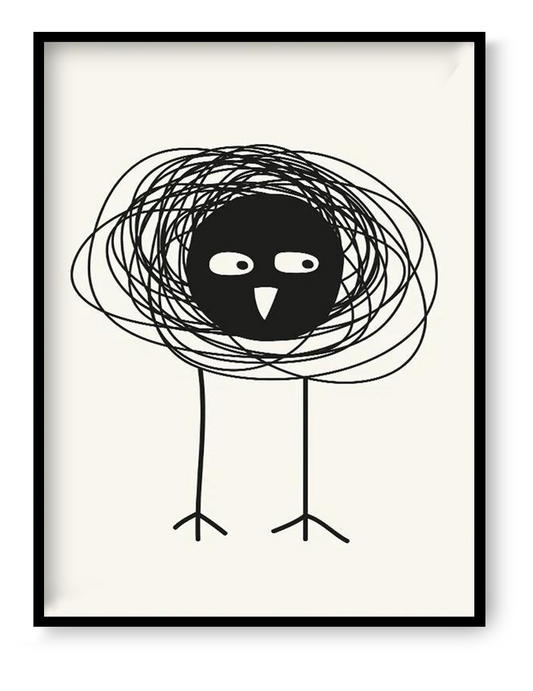 Minimalist black and white bird illustration art print by Silvia Visscher, featuring a bold black bird with scribbled circular lines and thin legs, modern abstract wall art 30 x 40 cm digital print for contemporary home decor.