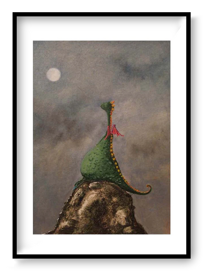 Little Dragon by Willy Leung, A4 giclée art print on 300g Hahnemühle Photo Rag, whimsical dragon illustration under a moonlit sky, dreamy fantasy wall art for modern home decor, poetic storytelling artwork