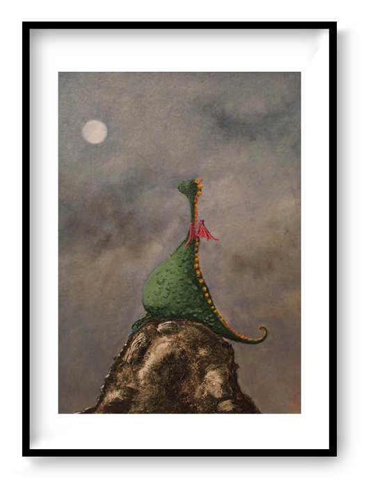Little Dragon by Willy Leung, A4 giclée art print on 300g Hahnemühle Photo Rag, whimsical dragon illustration under a moonlit sky, dreamy fantasy wall art for modern home decor, poetic storytelling artwork