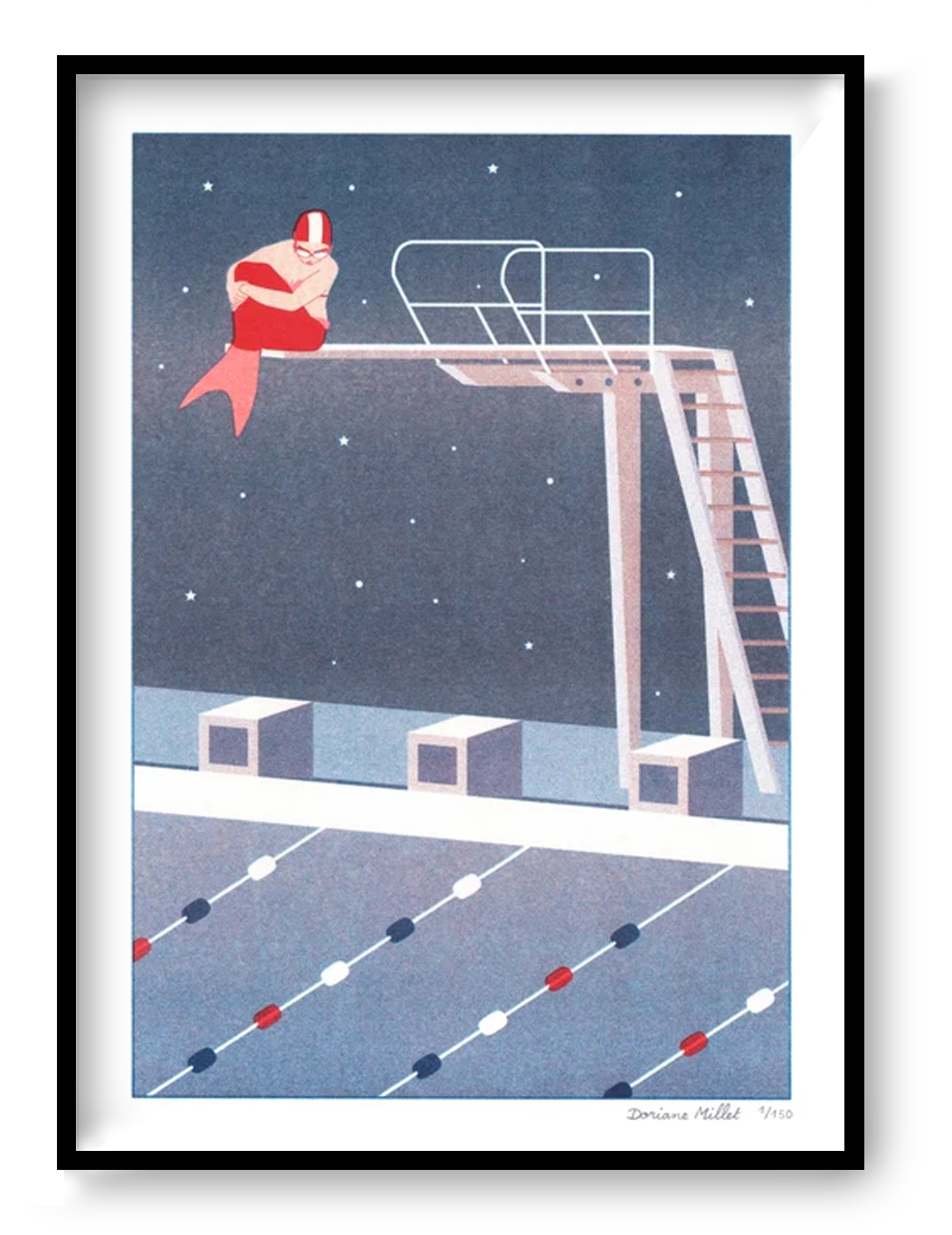 Little Mermaid risograph print by Doriane Millet, A4 limited edition art print featuring a modern reinterpretation of a mermaid sitting on a diving board above a nighttime swimming pool, starry sky background, minimalist narrative illustration on Munken paper.
