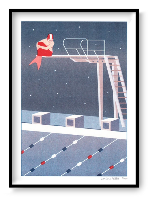 Little Mermaid risograph print by Doriane Millet, A4 limited edition art print featuring a modern reinterpretation of a mermaid sitting on a diving board above a nighttime swimming pool, starry sky background, minimalist narrative illustration on Munken paper.