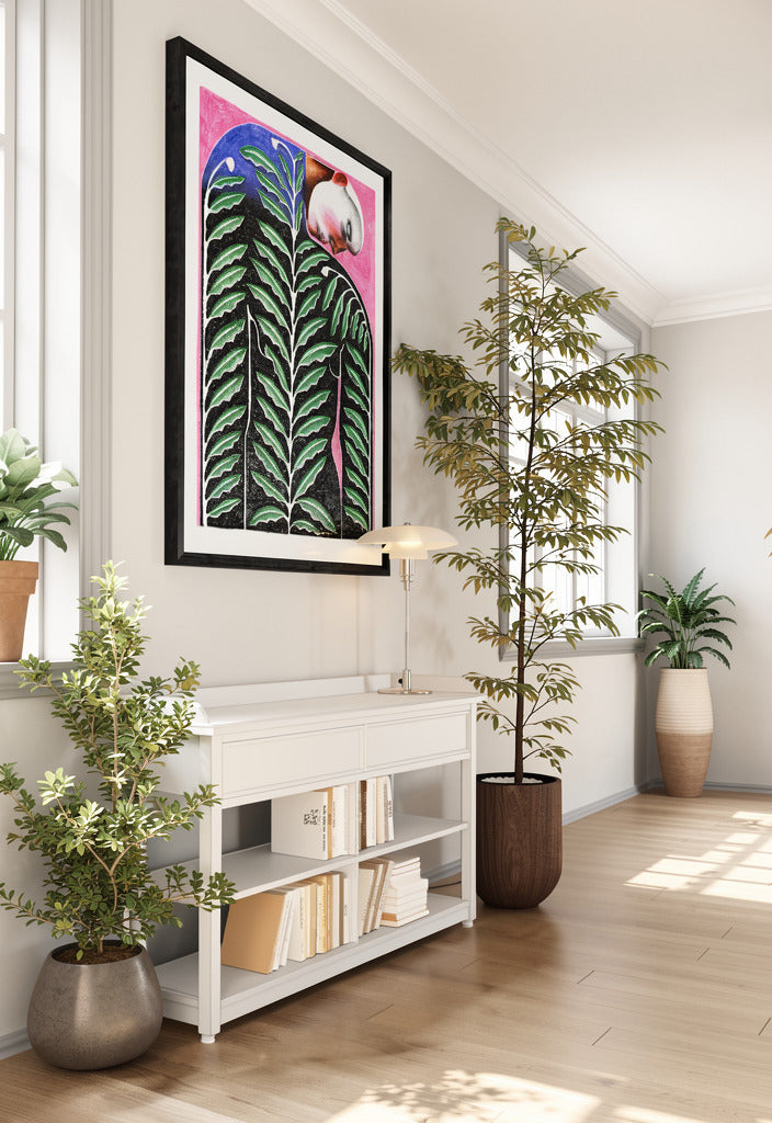 Love Grows by Carla Petelski, contemporary digital art print featuring a surreal human figure covered in green botanical leaves against a vivid pink background, expressive symbolic wall art for modern interiors