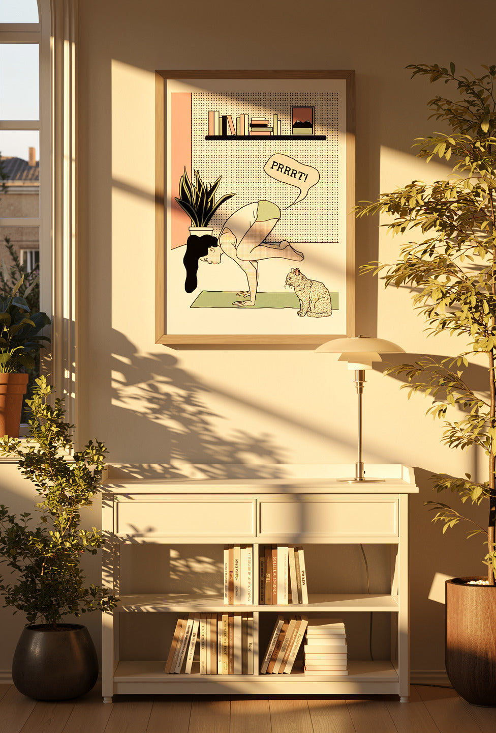 Limited-edition screen print showing a woman balancing in a yoga pose while a cat watches and a comic speech bubble adds humor. Minimalist pop-art style in pastel pink, mint green, black, and white. Vertical silkscreen wall art for modern home decor.