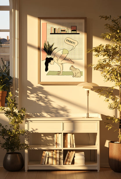 Limited-edition screen print showing a woman balancing in a yoga pose while a cat watches and a comic speech bubble adds humor. Minimalist pop-art style in pastel pink, mint green, black, and white. Vertical silkscreen wall art for modern home decor.
