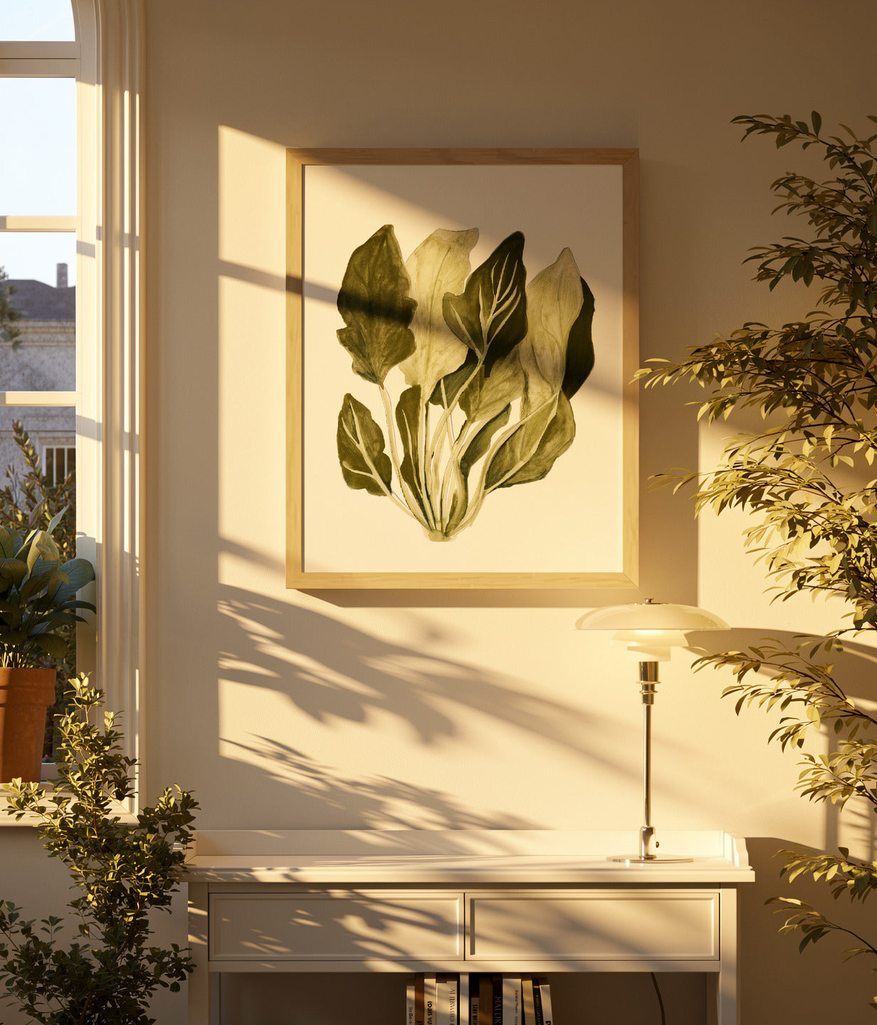 Botanical digital art print of wild spinach leaves by Kim Timmermans, reproduced from an original watercolor illustration in soft green tones. Vertical nature artwork for kitchen, dining room, or modern home decor.