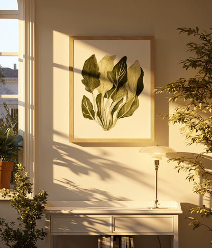 Botanical digital art print of wild spinach leaves by Kim Timmermans, reproduced from an original watercolor illustration in soft green tones. Vertical nature artwork for kitchen, dining room, or modern home decor.