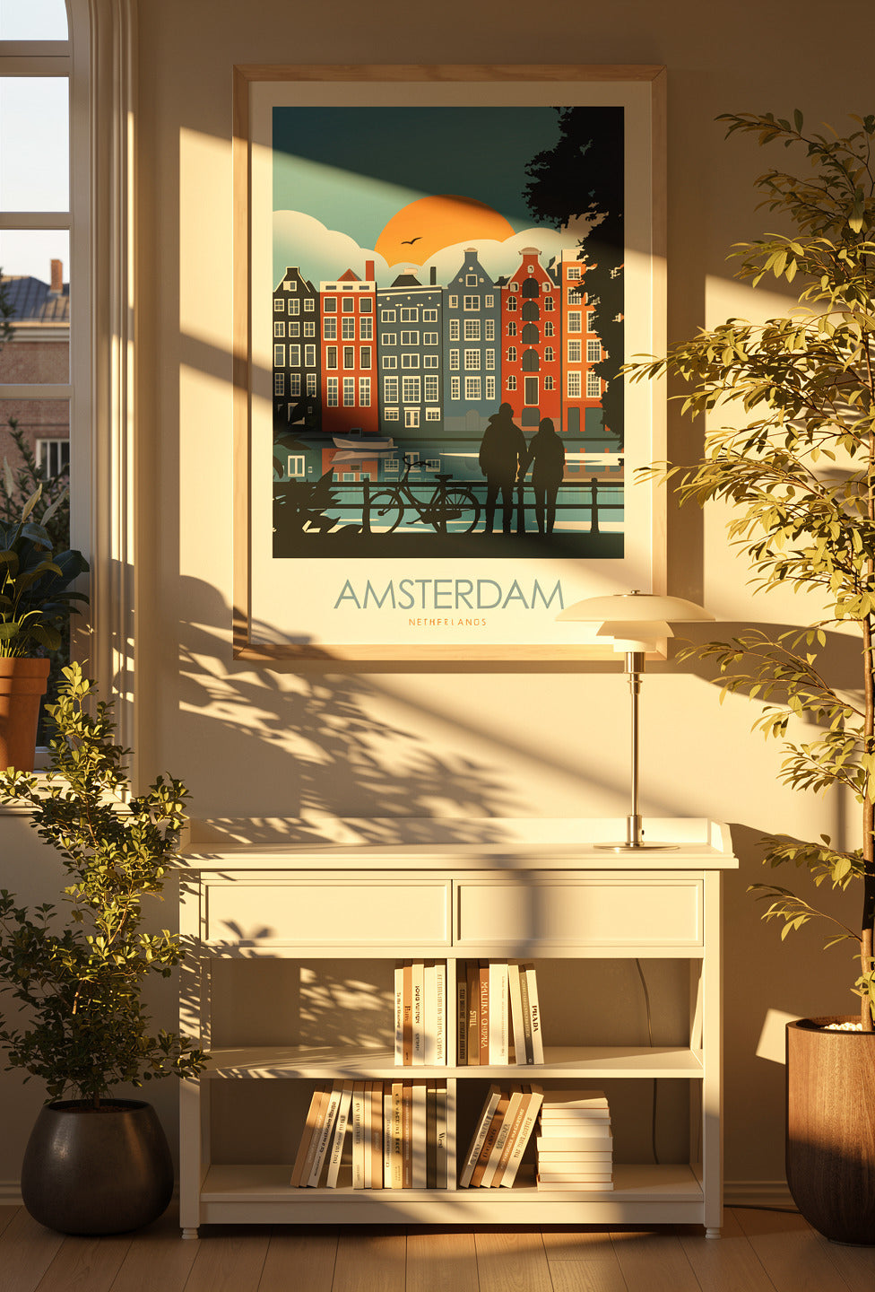 Colorful Amsterdam travel poster by Studio Inception featuring canal houses at sunset, a couple by the water, and a bicycle silhouette. Modern wall art print evoking Dutch architecture, romance, and vibrant city life.
