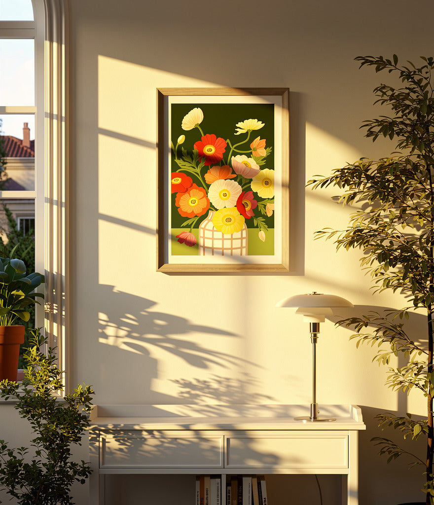 Colorful floral art print “Poppies” by Leens featuring vibrant red, pink, yellow, and orange poppy flowers in a patterned vase against a dark green background. Contemporary botanical wall art print for modern interiors.