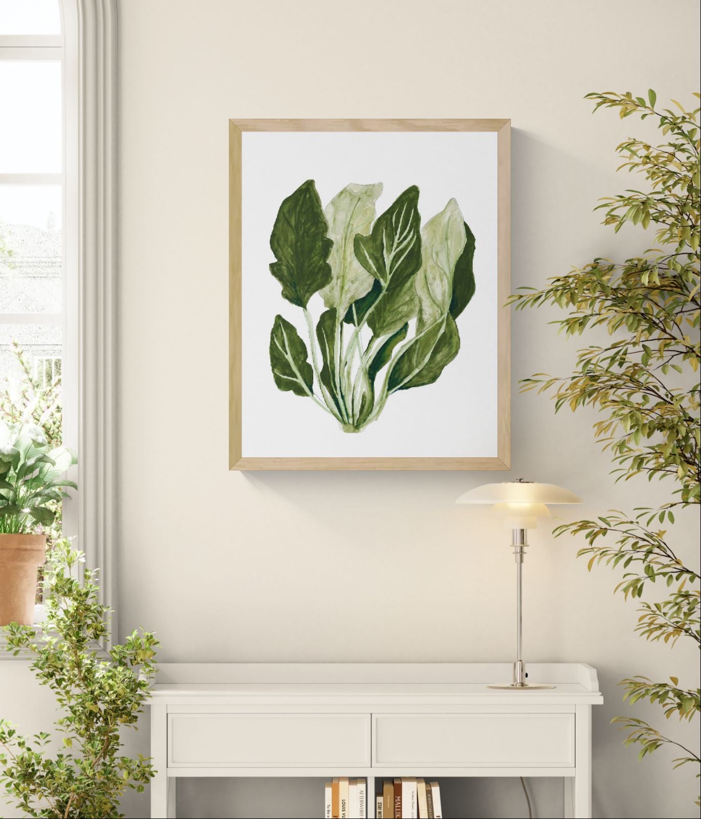 Botanical digital art print of wild spinach leaves by Kim Timmermans, reproduced from an original watercolor illustration in soft green tones. Vertical nature artwork for kitchen, dining room, or modern home decor.