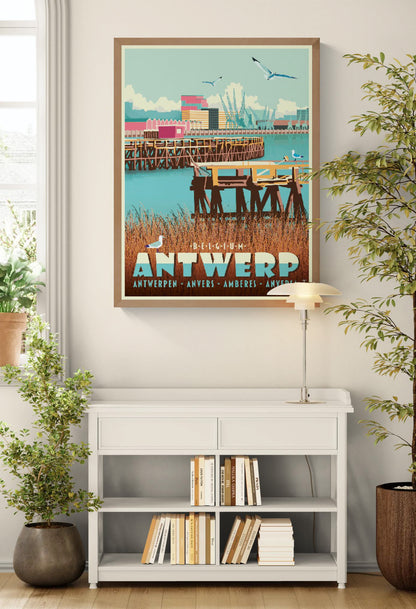 Digital architectural art print of Antwerp Eilandje harbor, featuring docks, cranes, water reflections, and seagulls in a retro-inspired style by Belgian illustrator Gert Paenen.