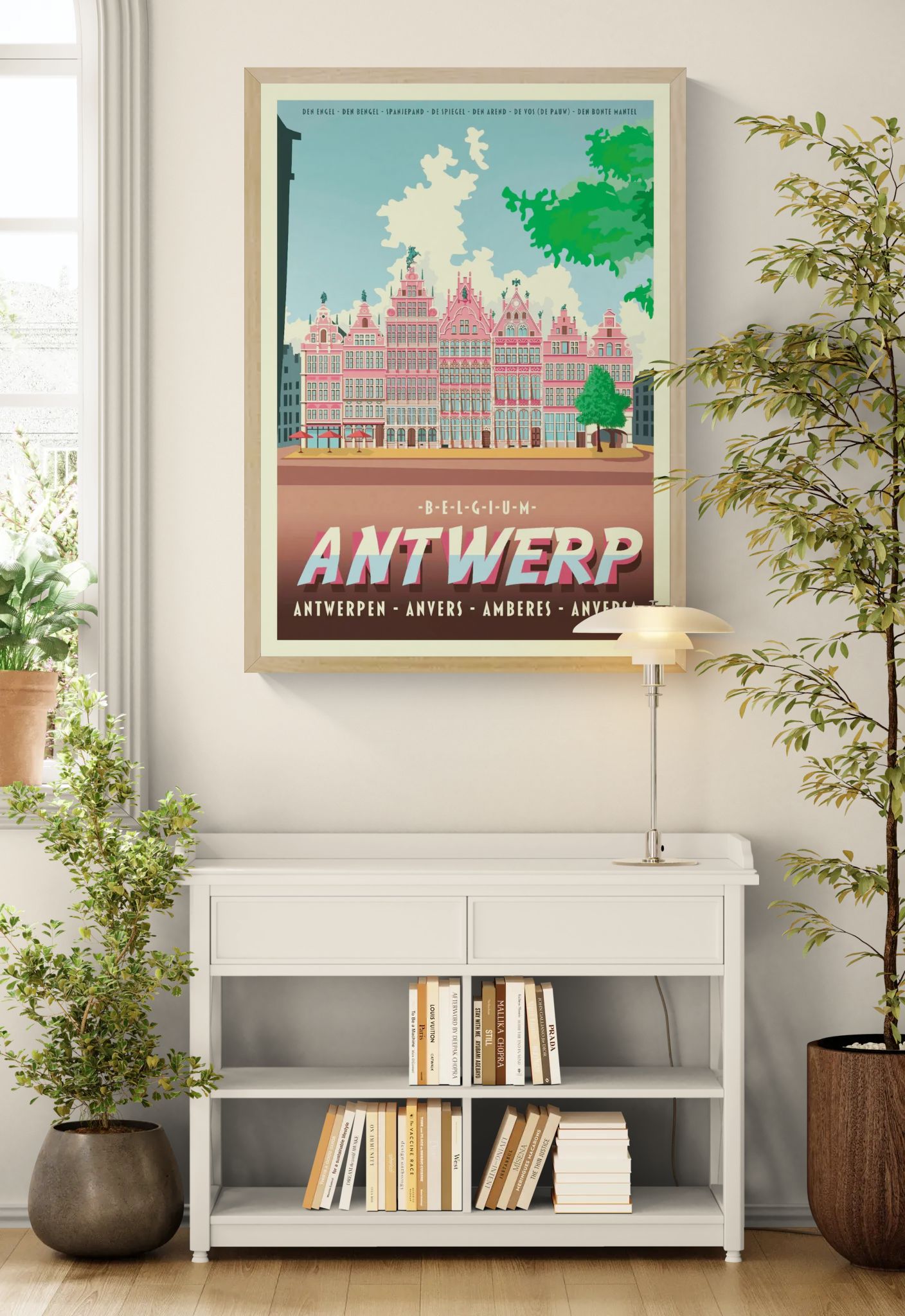 Large architectural digital art print of Antwerp Grote Markt, featuring Renaissance guildhalls, historic façades, and bold graphic colors by Belgian illustrator Gert Paenen.