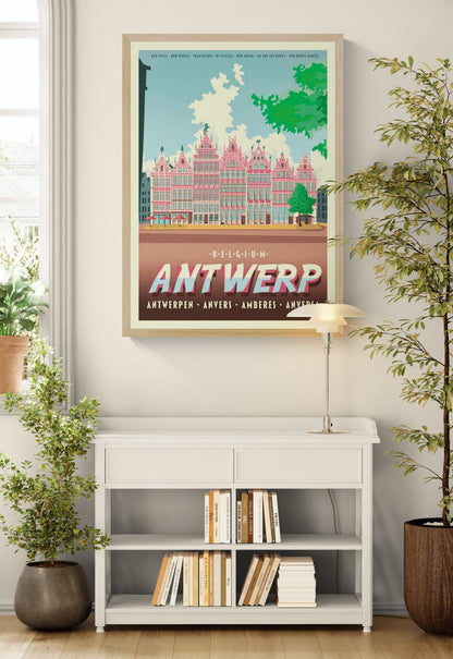 Large architectural digital art print of Antwerp Grote Markt, featuring Renaissance guildhalls, historic façades, and bold graphic colors by Belgian illustrator Gert Paenen.