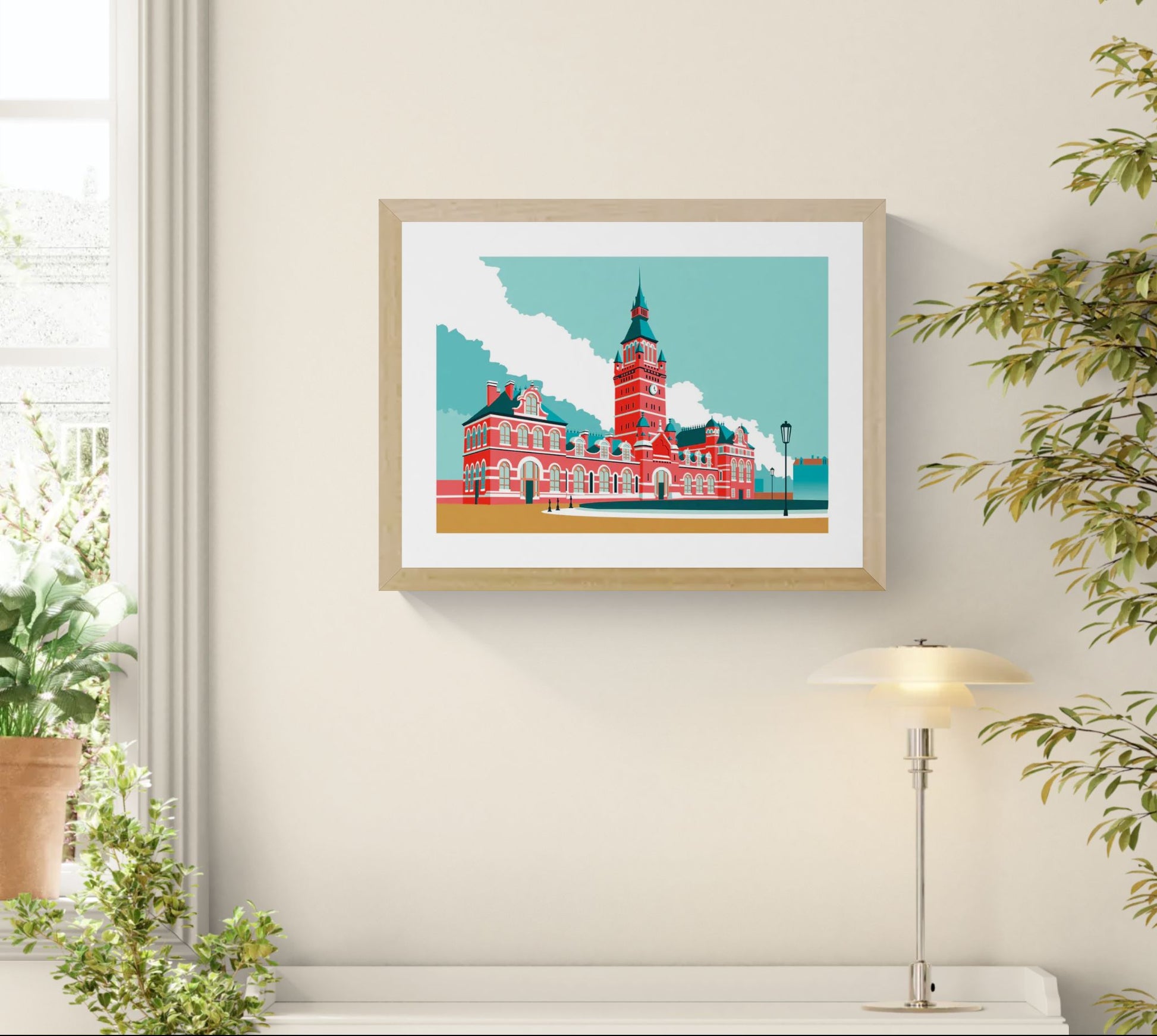Graphic architectural illustration of historic Antwerpen Zuidstation railway station in Antwerp by Studio Frits, bold red building with tower in minimalist retro style.