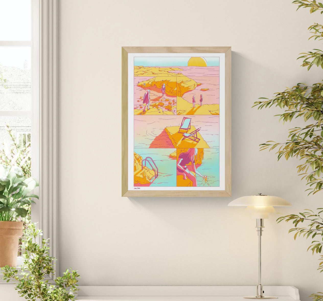 AOÛT 99 by Camille Berniard – limited edition 4-color risograph art print in warm pink, orange, and turquoise tones, depicting sunlit coastal scenes with figures and a deckchair. A nostalgic summer artwork on Munken Print White paper, signed and numbered by the French artist