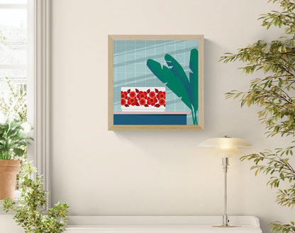 Stylish modern illustration by Studio Frits titled 'Arcopal Lotus Bowl,' featuring a vintage Arcopal dish with its iconic red floral pattern placed on a pastel pink shelf against a tiled retro kitchen wall. Accented with bold tropical leaves, this vibrant artwork blends nostalgia with contemporary minimalism—perfect for vintage lovers, kitchen art collectors, and fans of mid-century design