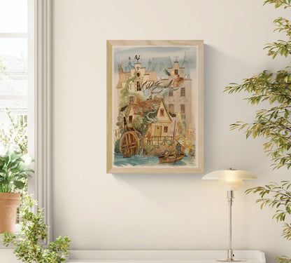 Fantasy-style illustration of Bruges by Lena Yampolski with magical creatures, dragons, octopus tentacles and charming Belgian houses – high-quality Giclée print available in A4 and A3, perfect wall decor for folklore and fantasy art lovers.