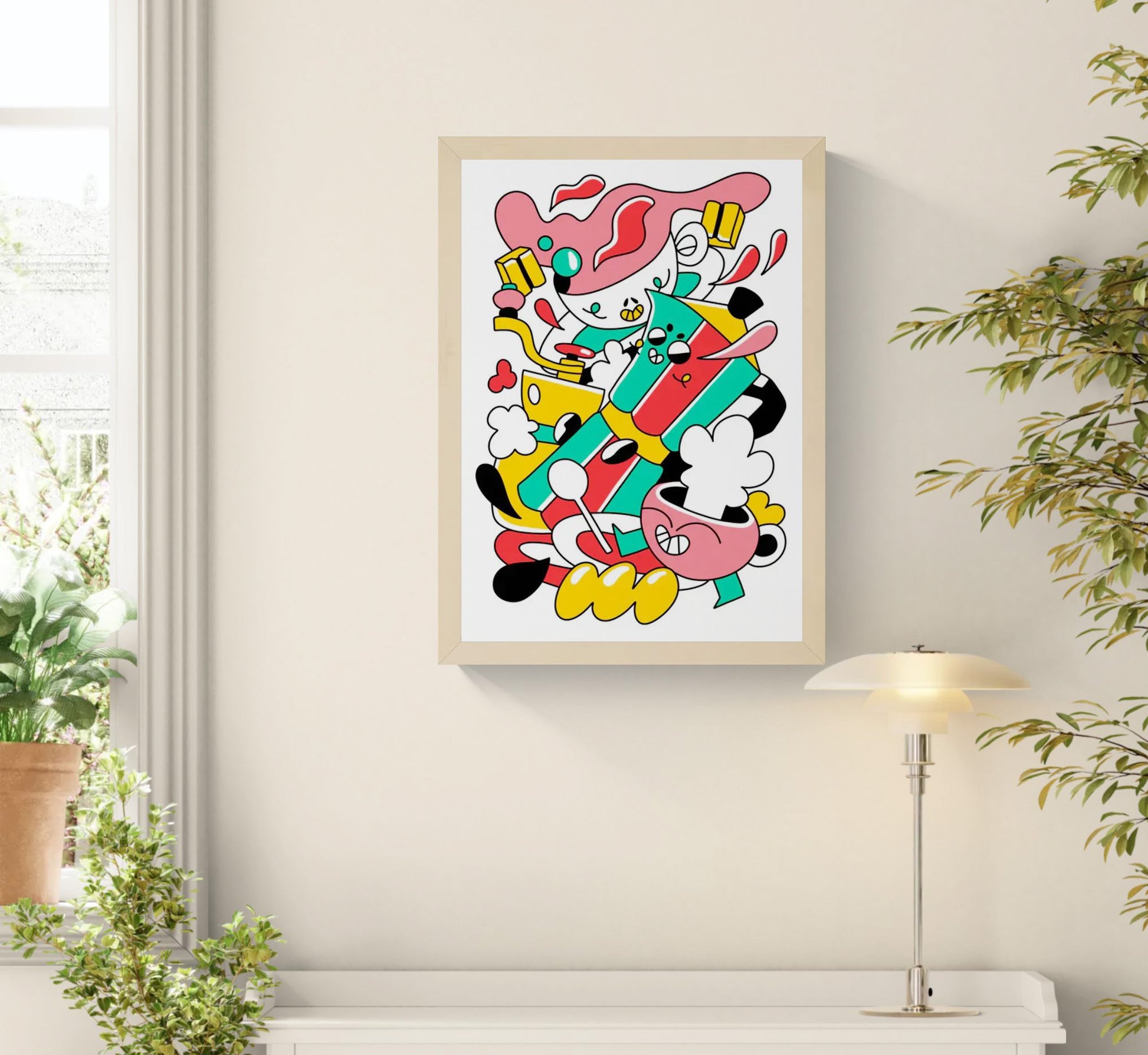 Colorful limited edition A3 risograph print titled “Coffee Rally” by Belgian artist Auwnanas, featuring playful cartoon characters, bold red, yellow, green and black shapes, dynamic coffee-themed elements, and energetic movement; modern quirky wall art for design lovers.
