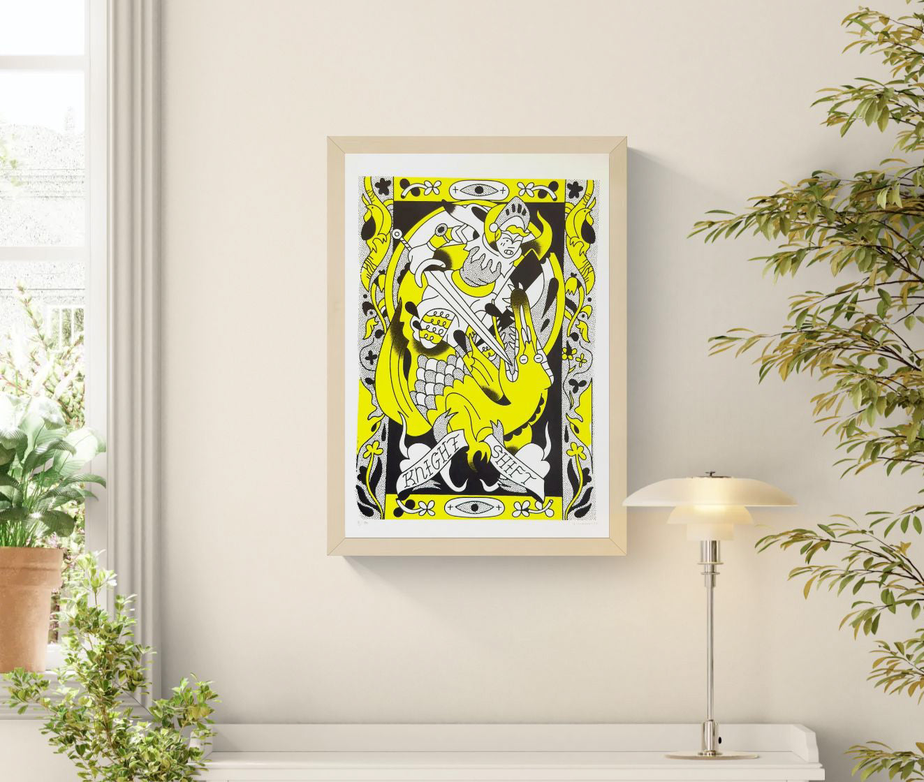 Vibrant A3 screen print Knight Shift by Auwnanas featuring a playful knight battling a stylized dragon in bold yellow and black tones, surrounded by decorative medieval-inspired patterns. Limited edition artwork with strong graphic lines, ideal for modern art collectors in Belgium, the Netherlands, France, and Germany.