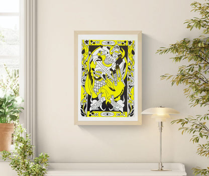 Vibrant A3 screen print Knight Shift by Auwnanas featuring a playful knight battling a stylized dragon in bold yellow and black tones, surrounded by decorative medieval-inspired patterns. Limited edition artwork with strong graphic lines, ideal for modern art collectors in Belgium, the Netherlands, France, and Germany.
