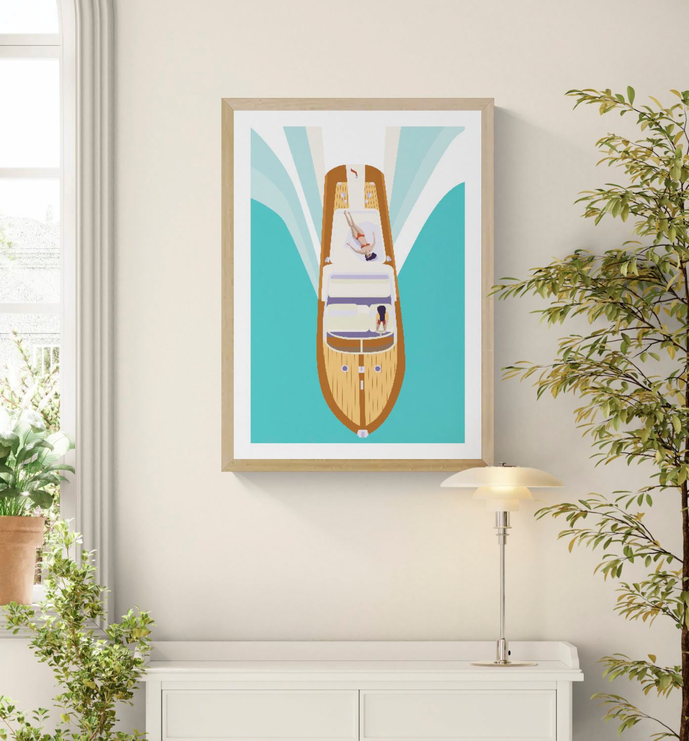 Illustration of two women on a luxury boat cruising through turquoise waters, viewed from above – minimalist summer art print by Floor 4 Productions, perfect for lovers of travel, vacation vibes, and retro-modern design.